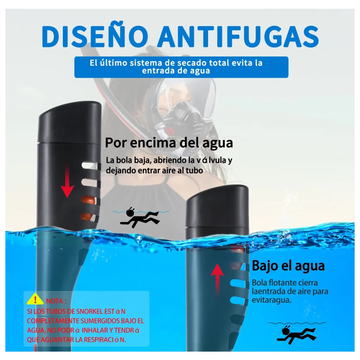M&aacute;scara Snorkel Doble Tube Visi&oacute;n De 180&deg; Lentes Antiniebla Orange L/XL image number null