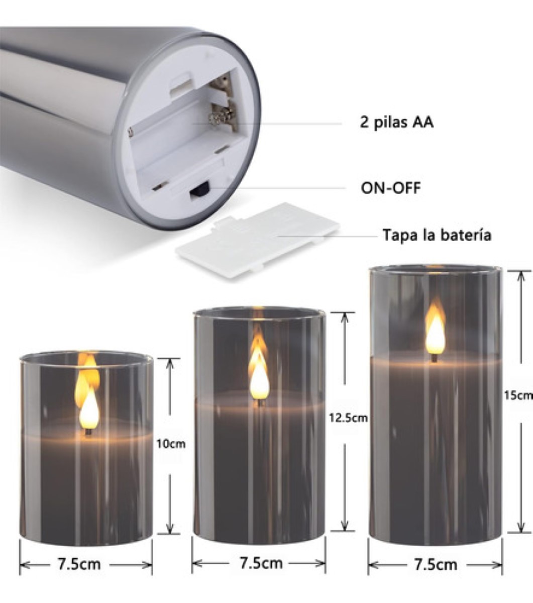 3p Velas El&eacute;ctricas Led 7.5cm Flama Realista Contral Remoto Gris_3Pzas_7.5cm image number null
