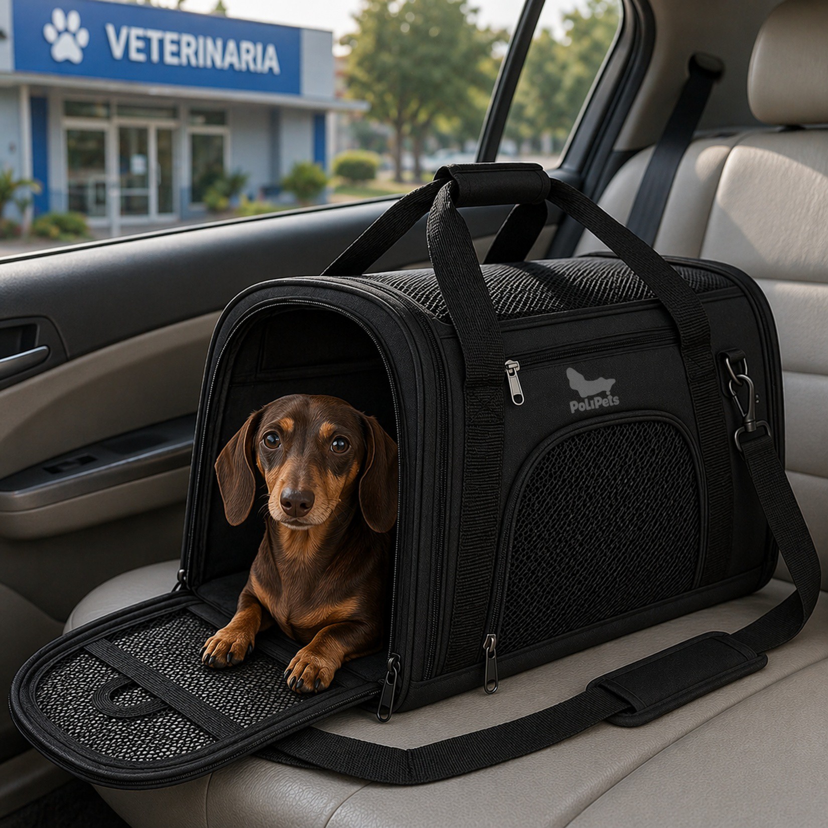 Transportadora para Mascotas Poli Pets Negra Mediana, Soporta 7 kg, con Ventanas de Malla, Correa Ajustable y Almohadill image number null