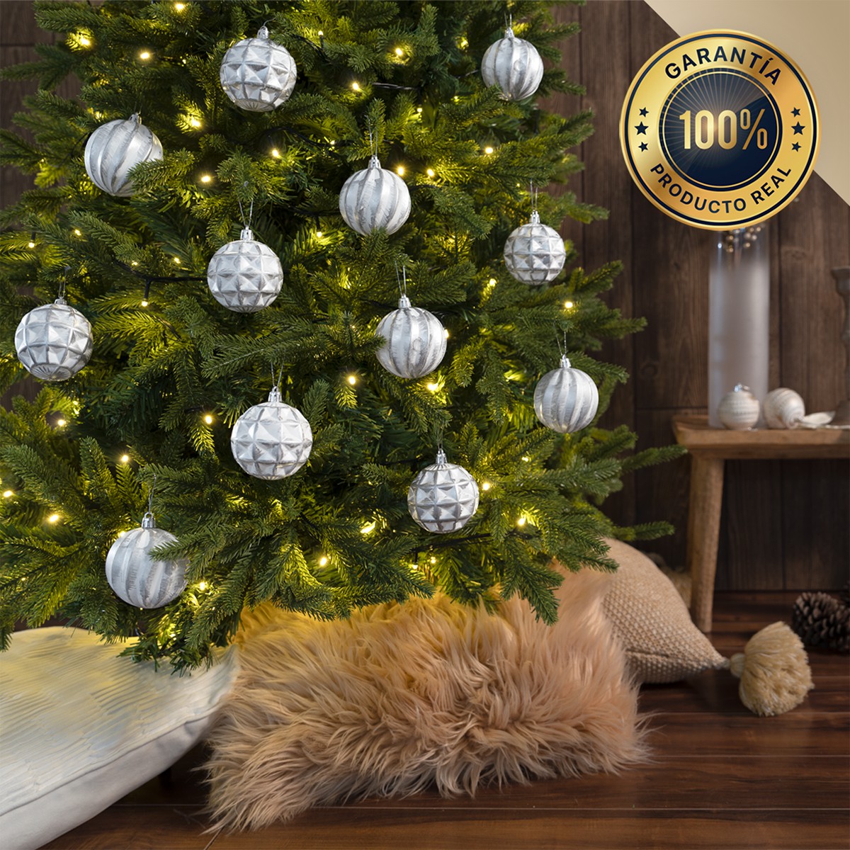 Set con 6 Esferas Decoraci&oacute;n Navide&ntilde;a 8 cm Adornos para &Aacute;rbol de Navidad (Blanca - Plateado) ESQUIMAL. image number null