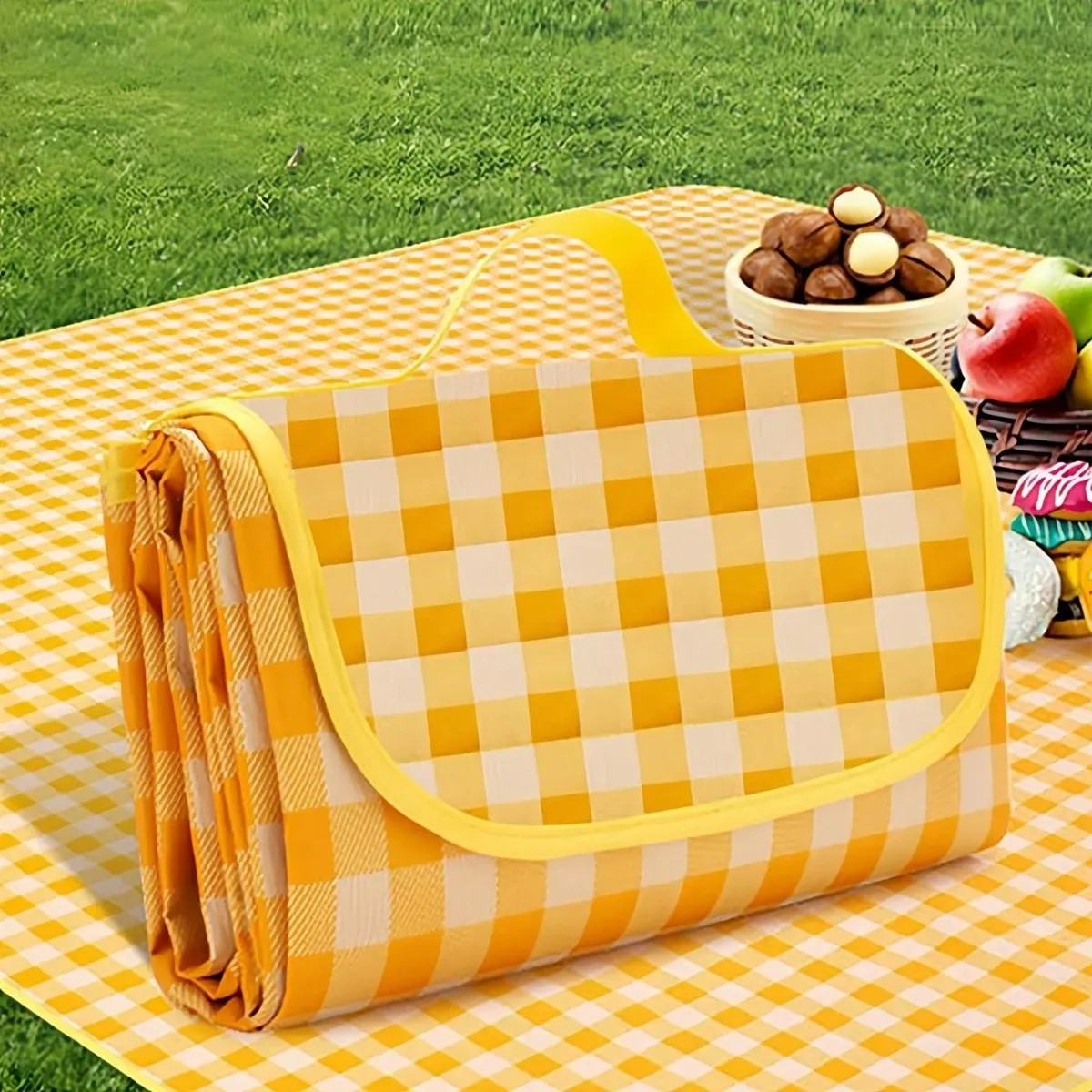 2pzs Bolsa De Picnic Aislada Reutilizable Y Tapete Camping Amarillo image number null