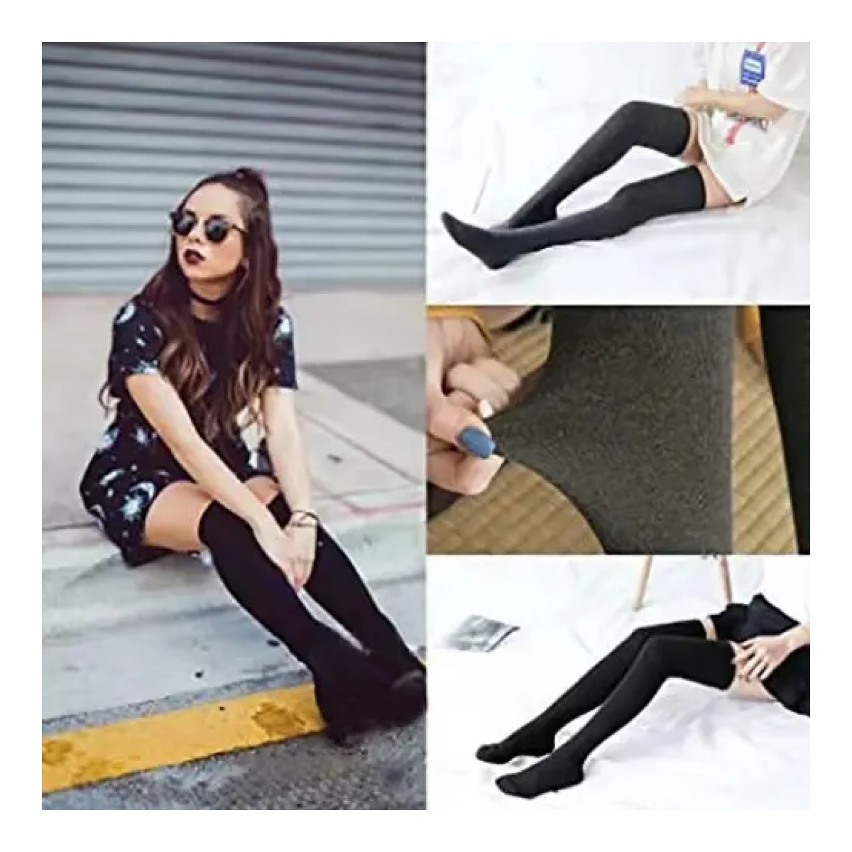 Calcetas Largas Moda Japonesa Medio Muslo Alto 4 Pares Negro image number null