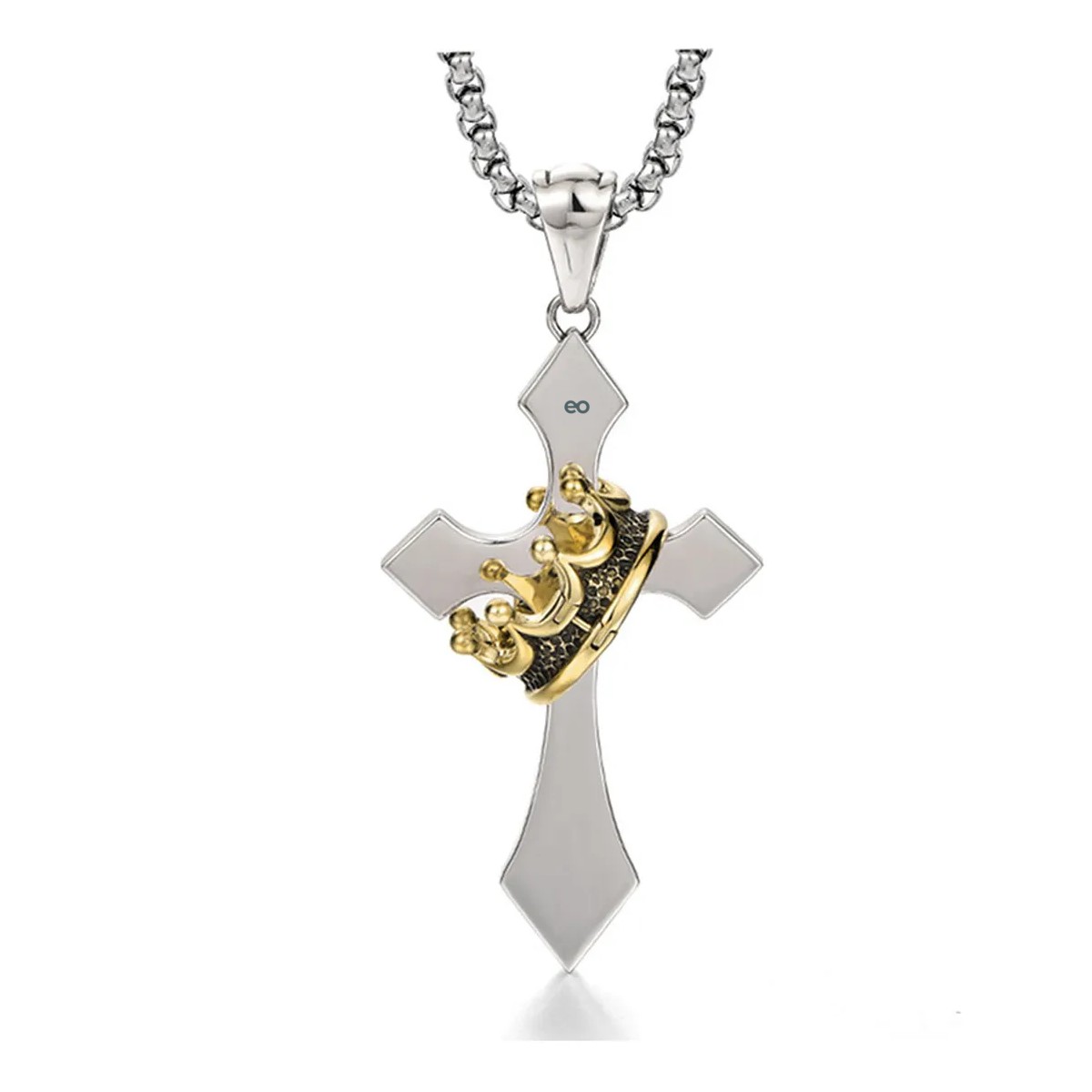 Collar Hombre Cruz Cadena Con Corona Anillo Acero Inoxidable image number null