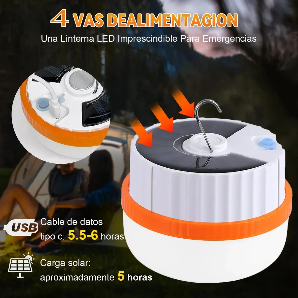 4pzs Focos Recargables Led Solares Emergencia Portatil Usb naranjas blancas image number null