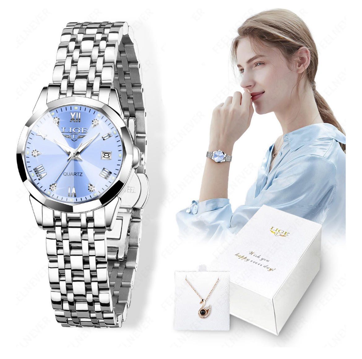 Reloj De Mujer Lige Con Collar En Caja De Regalo Elegante image number null