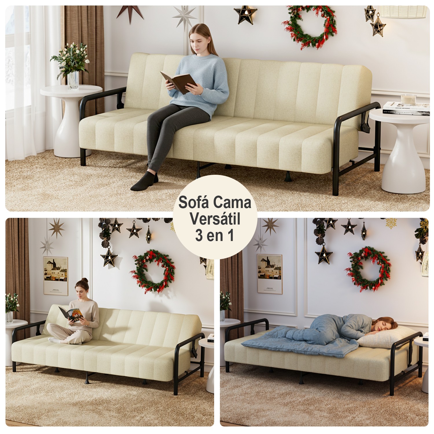 Sof&aacute; Cama Matrimonial Multifunci&oacute;n con Resortes de soporte resistentes Beige image number null