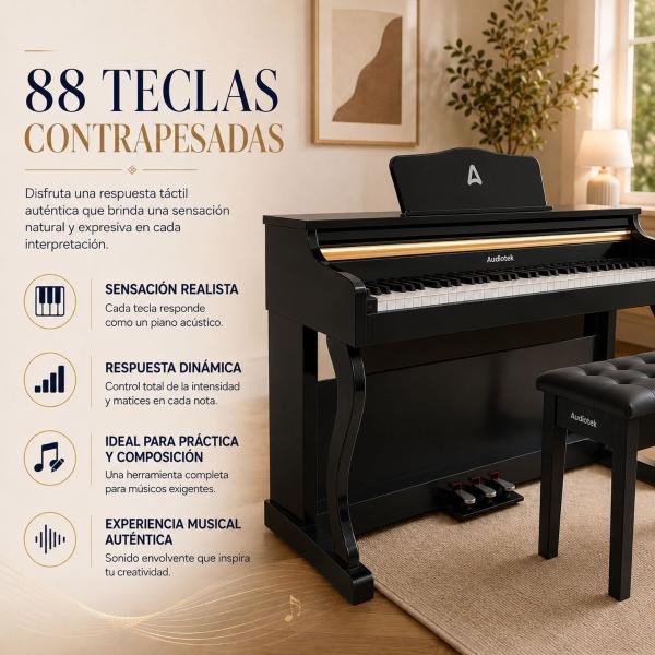 Piano Teclado Electrico 88 Teclas Digital 15v 3a 900 Ritmos Audiotek image number null
