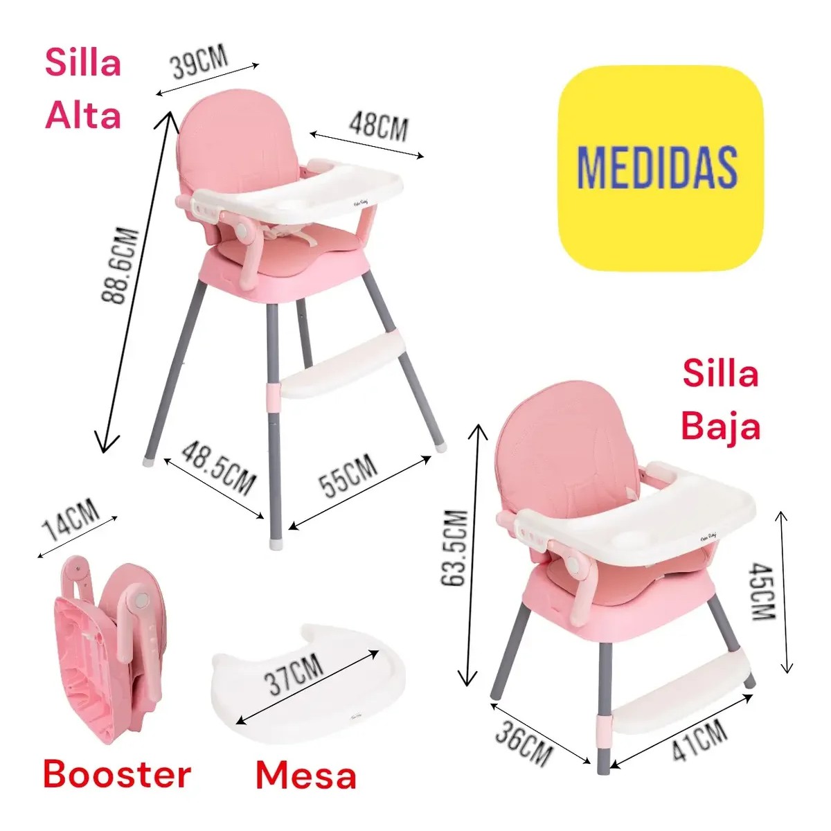 Silla Periquera Para Bebe Alta Plegable Port&aacute;til 3 En 1 Rosa image number null