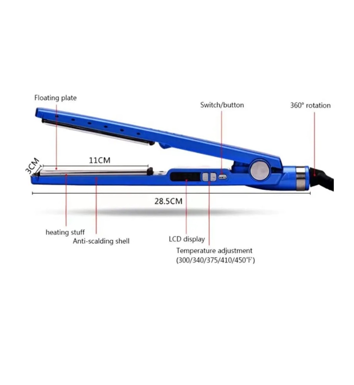 Kit De Plancha Alaciadora 450&deg; +tenaza Rizadora Cabello Pelo Azul Malubero image number null