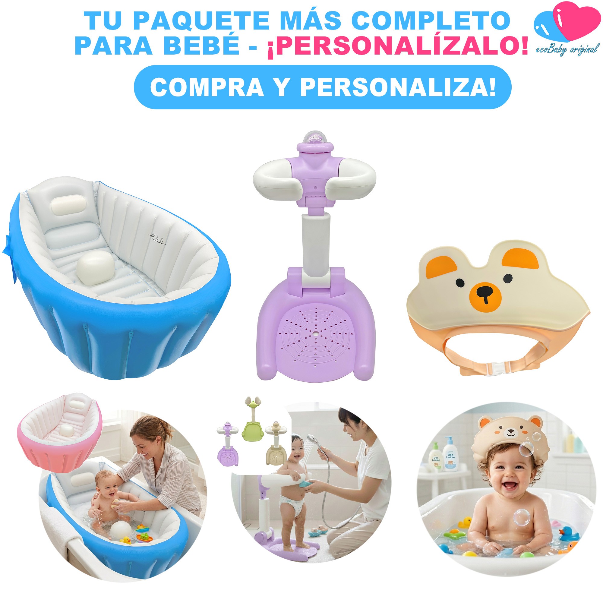 Kit Ba&ntilde;o para beb&eacute; con Ba&ntilde;era Inflable, Bomba, Soporte de Ducha y Visera Ecobaby Original image number null