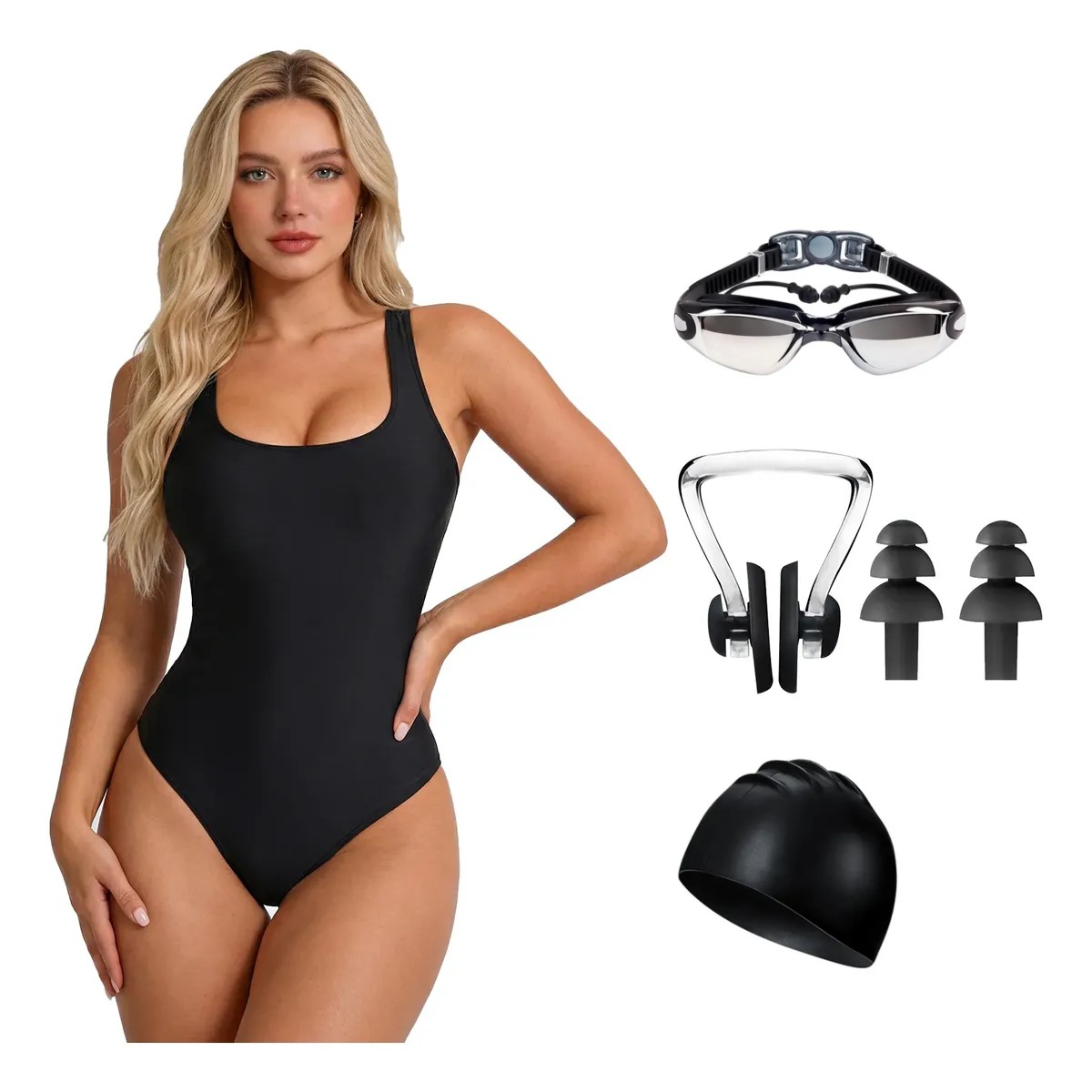 Traje De Ba&ntilde;o Deportivo Mujer Nataci&oacute;n Con Gorro Y Lentes Talla XL image number null