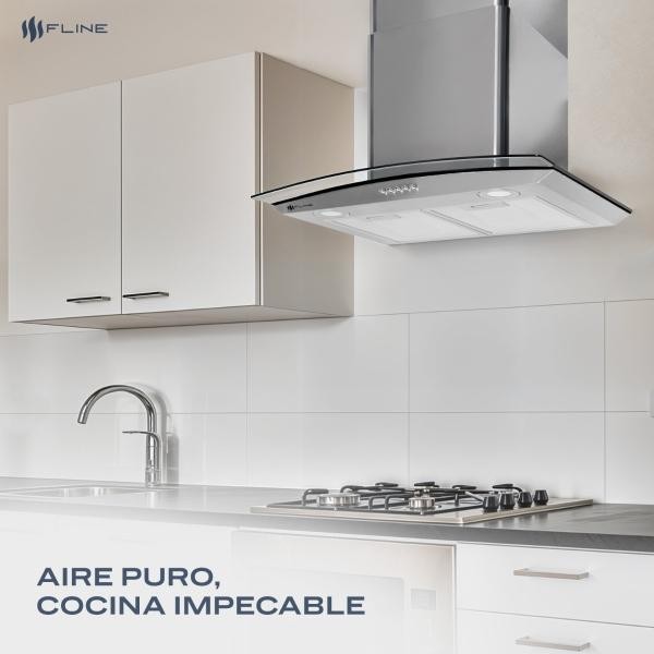 Campana extractora de cocina 76 cm de pared vidrio curvo Acero Inoxidable | 3 velocidades y control de boton| Berna 76| FLINE image number null
