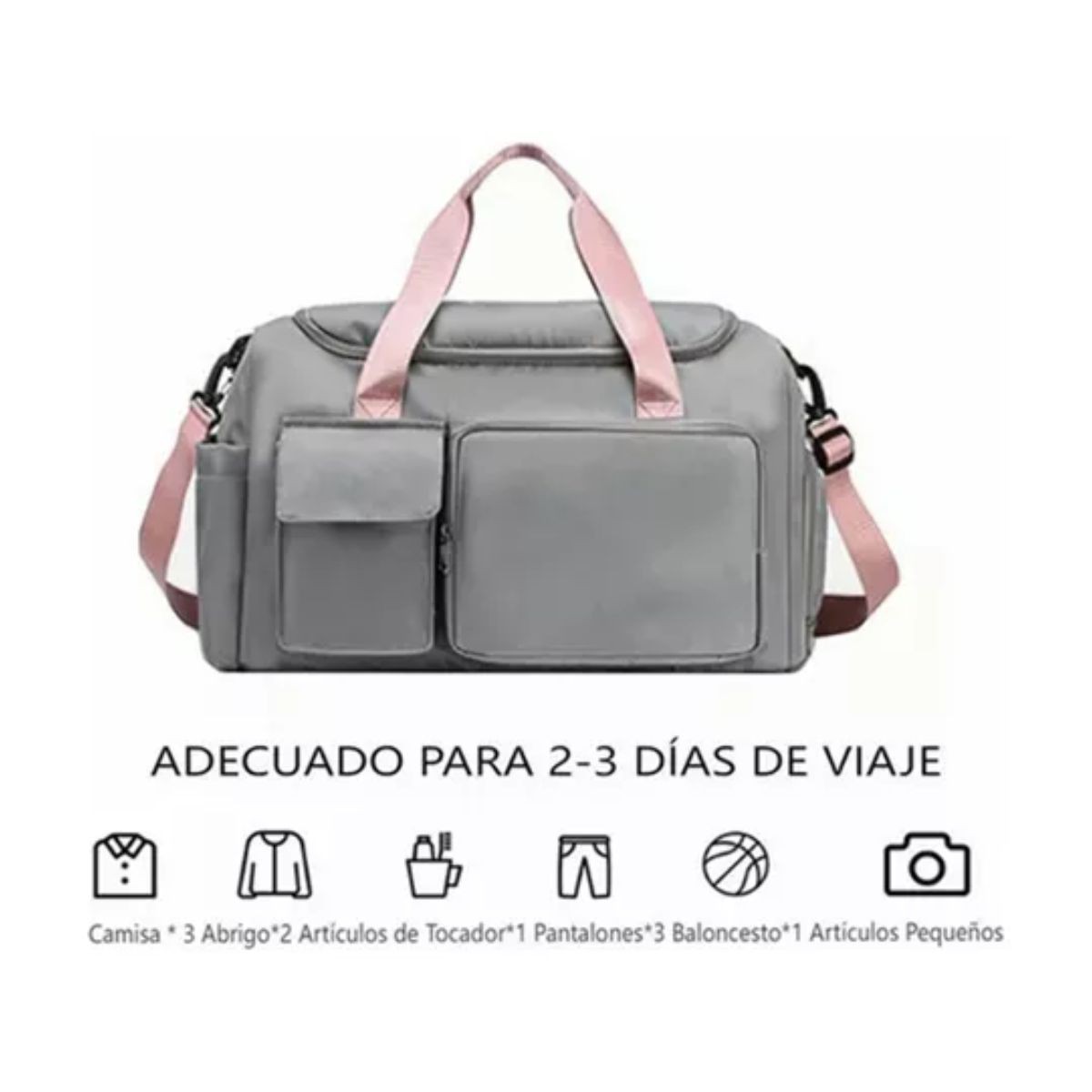 Maleta Gym Deportiva Bolsa Mujer Viaje Mochila Fitness Gris cintas rosa image number null