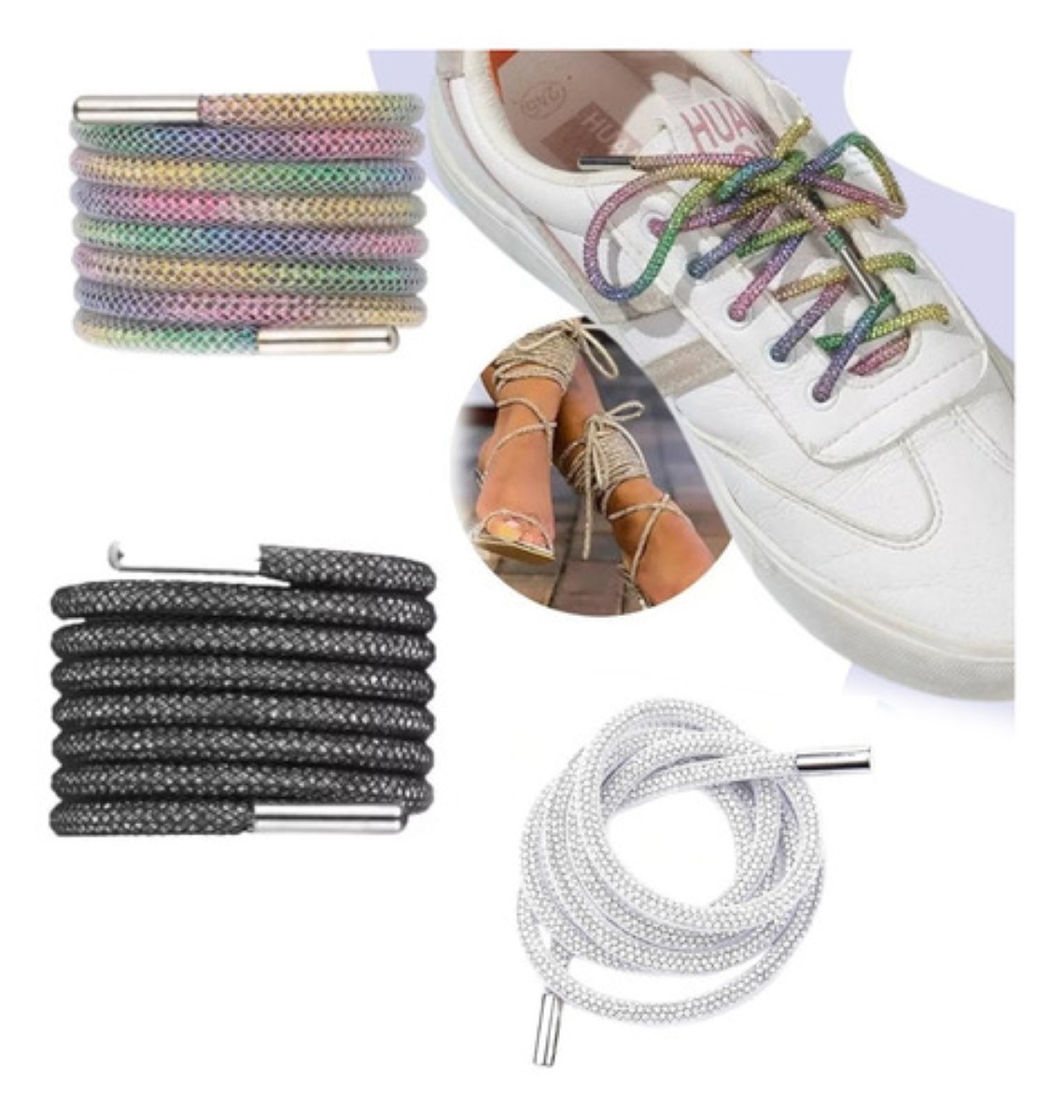Agujetas Zapatos Redondas Brillosas Con Piedras 1.20 M 2pc Arco iris image number null