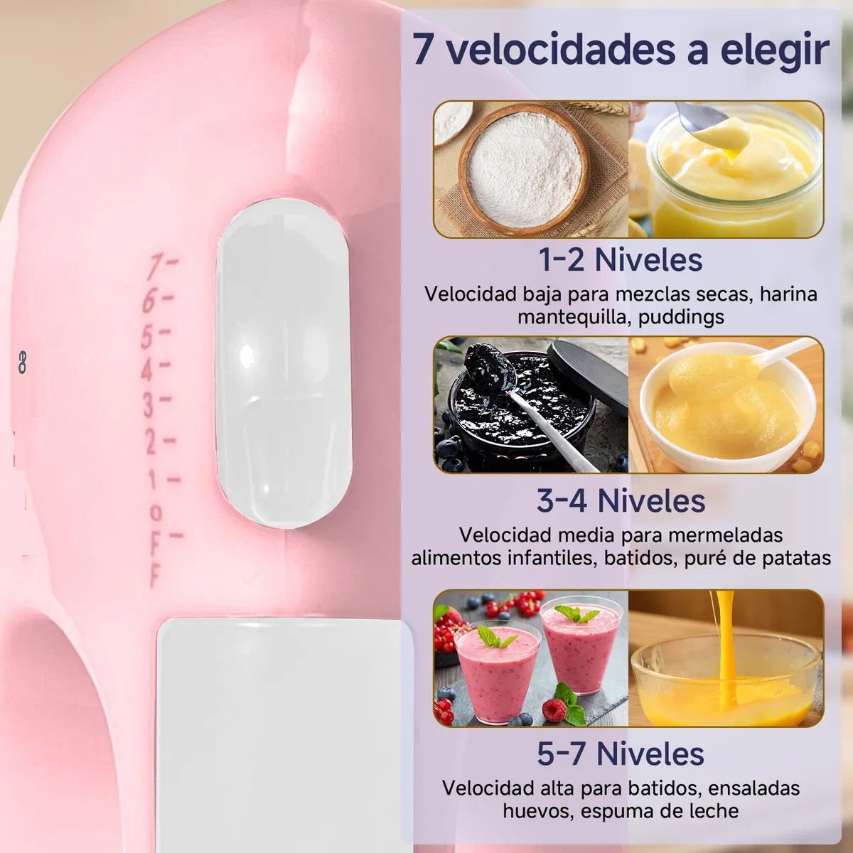 Batidora De Mano El&eacute;ctrica De Cocina De7 Velocidades Rosa image number null
