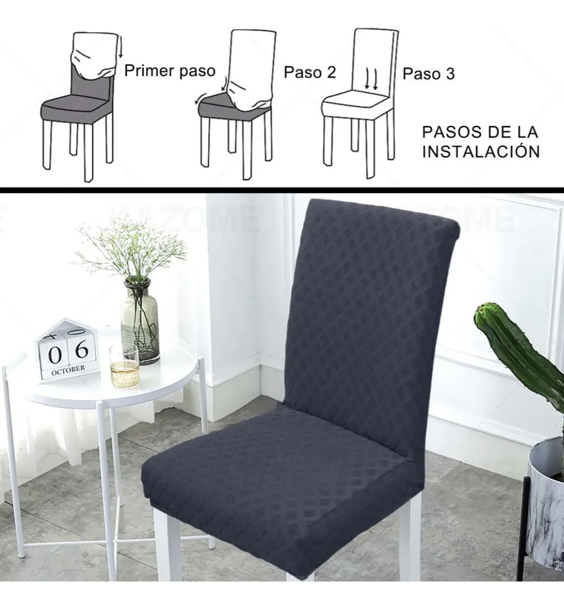 6 Fundas El&aacute;stica Silla Comedor Color S&oacute;lido Patr&oacute;n Diamante Modelo Negro image number null
