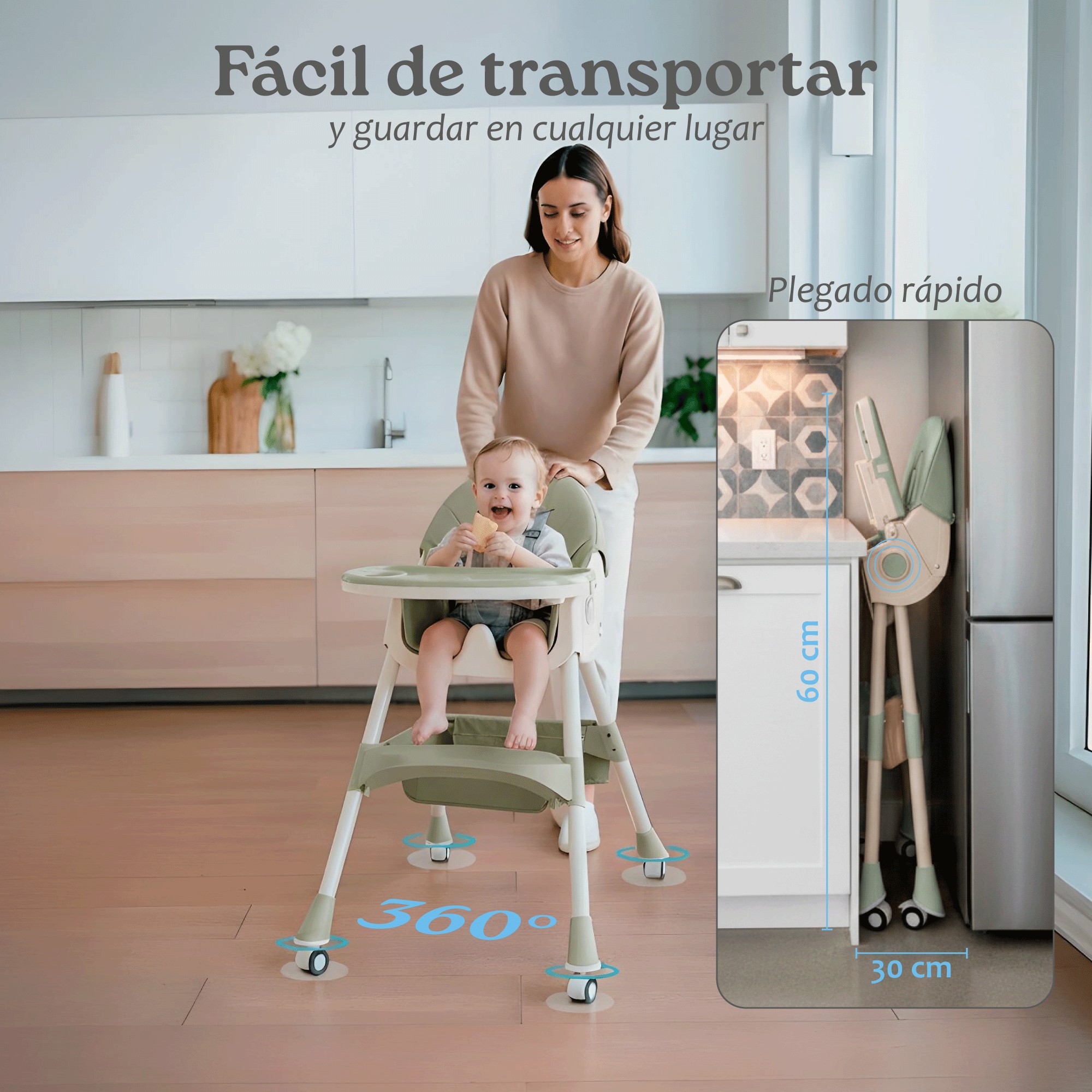 Silla Alta para Beb&eacute; YEI Verde, 6 en 1, Plegable, 2 Alturas, 5 Puntos de Seguridad image number null