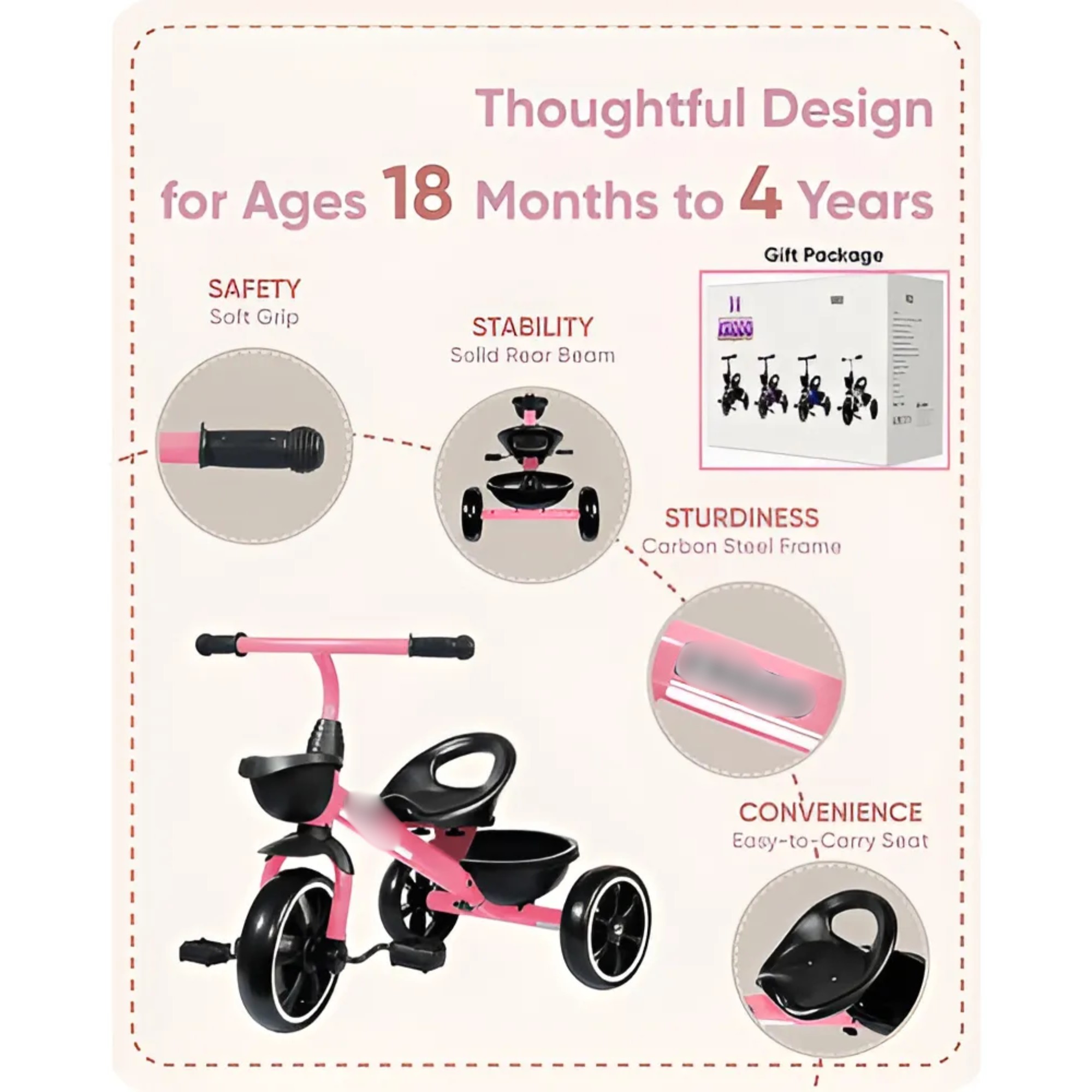 Kriddo Kids Triciclo De 18 Meses A 4 A&ntilde;os, Toddler Kids Tri Triciclo 'Pink Cruiser': &iexcl;A Rodar!" de Alta Calidad y Dise&ntilde;o image number null