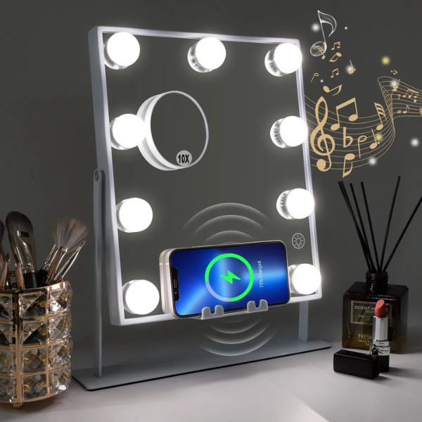 Espejo de Maquillaje Hollywood con 9 Luces LED, Bluetooth y mini Espejo Aumento 10X con Soporte para Tel&eacute;fono image number null