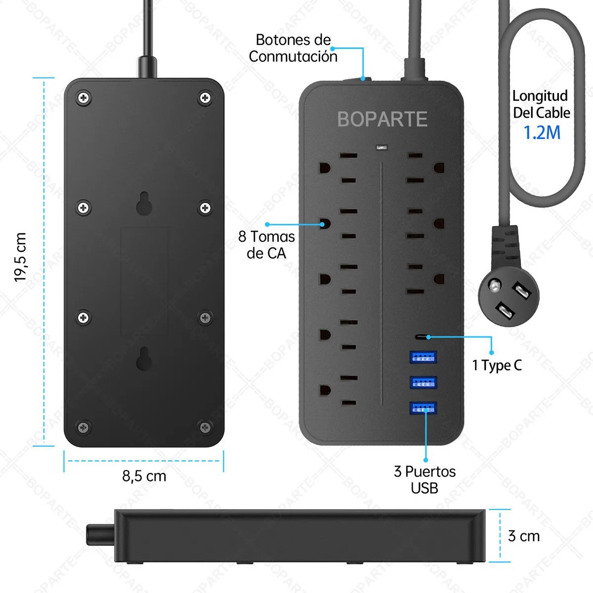 Boparte EL08 Multicontacto de 8 tomas con usb color negro largo del cable de 1.2m 10A image number null