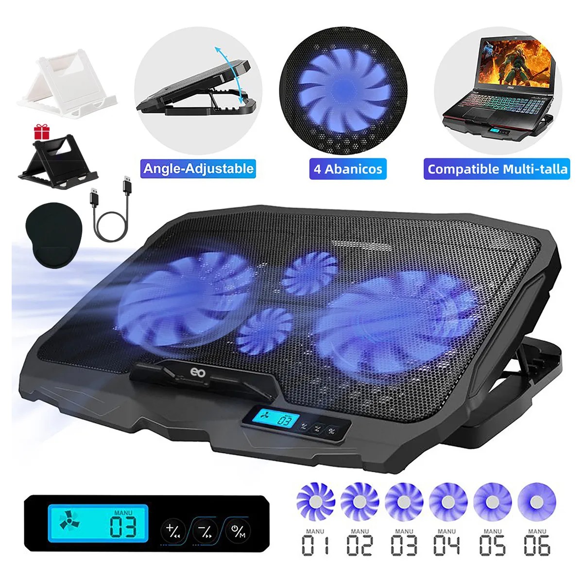 Base Enfriadora Laptop Ajustable 4ventiladores 6velocidades image number null