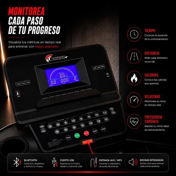 Caminadora Electrica 4HP Plegable 12 Programas MP3 USB Auxilar Motor AC 20 Km Inclinacion Automatica Centurfit Profesional image number null