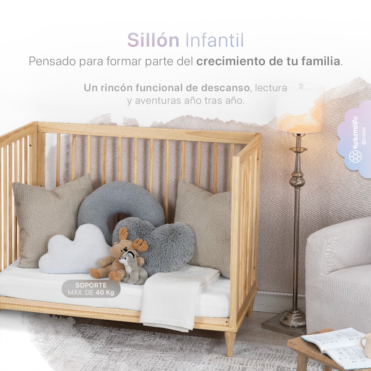 Cuna de Madera Convertible 3 en 1 - Cuna, Cama Montessori y Sill&oacute;n con Altura Ajustable y Barandal (Natural). ESQUIMAL image number null
