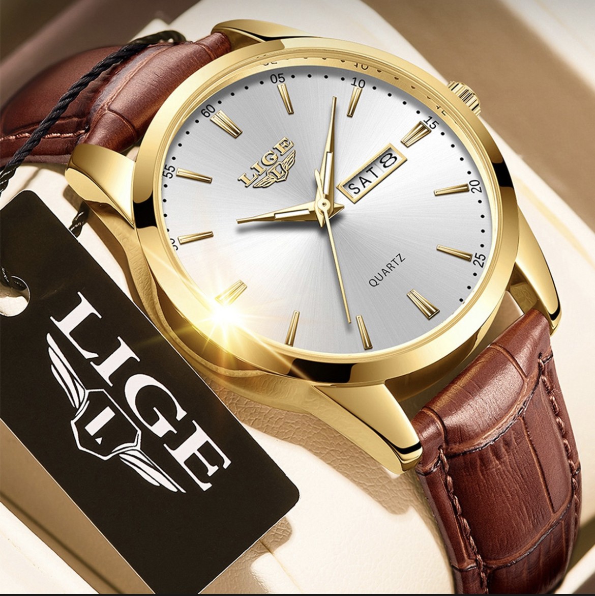 Reloj De Cuarzo Hombre Lige LG8970 Pulsera De Cuero Correa Marr&oacute;n Bisel Dorado Fondo Blanco Quartz 3 ATM 22mm Anchura Wristwatch image number null