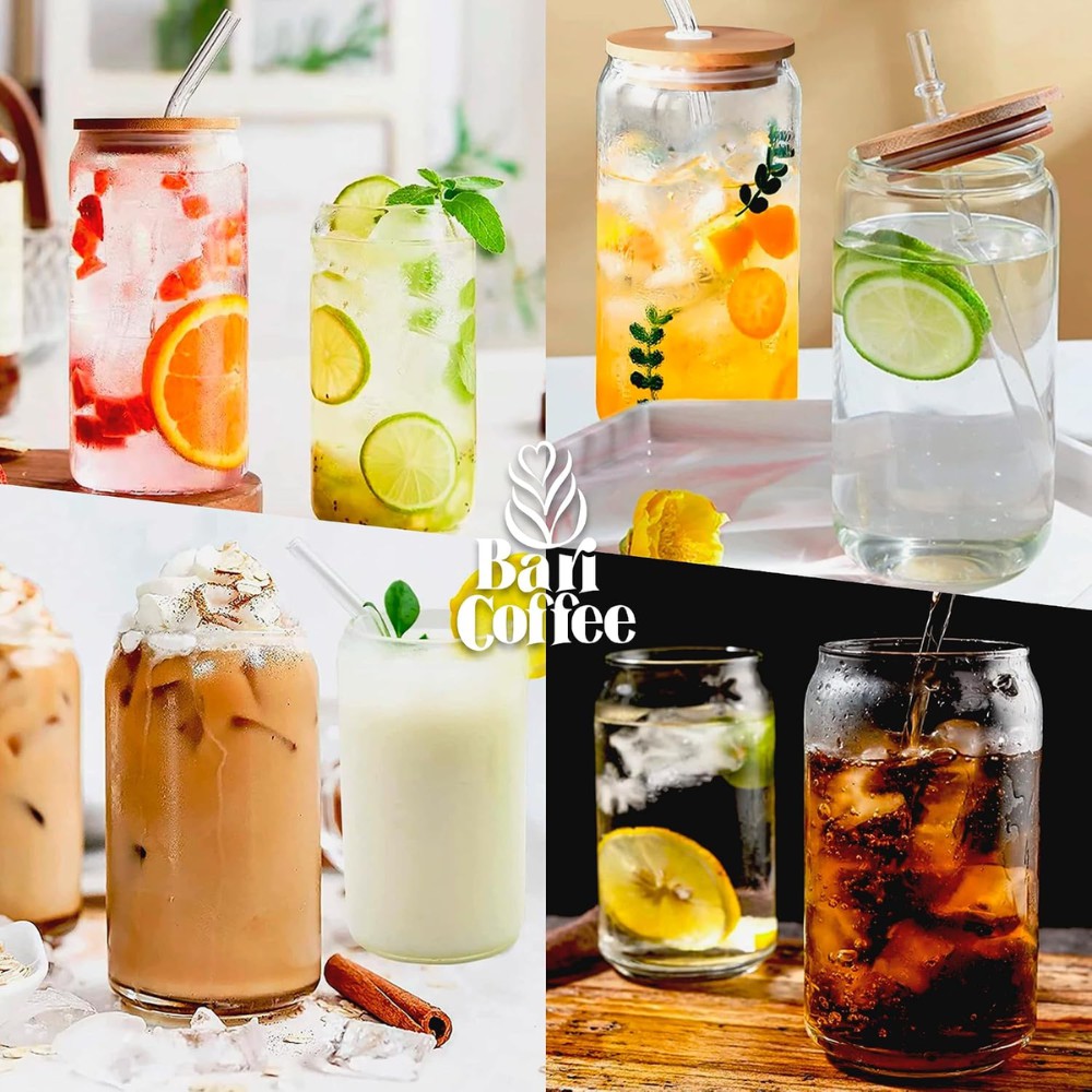 Juego de 8 Vasos de Cristal con Tapa de Bamb&uacute; 16 Oz (473.17 ml), Forma de Lata, Baricoffee image number null