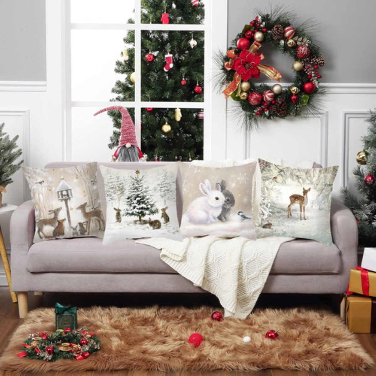 4 Pzs Funda Coj&iacute;n Navidad Decoraci&oacute;n Hogar Regalos Navidad blanco animales image number null