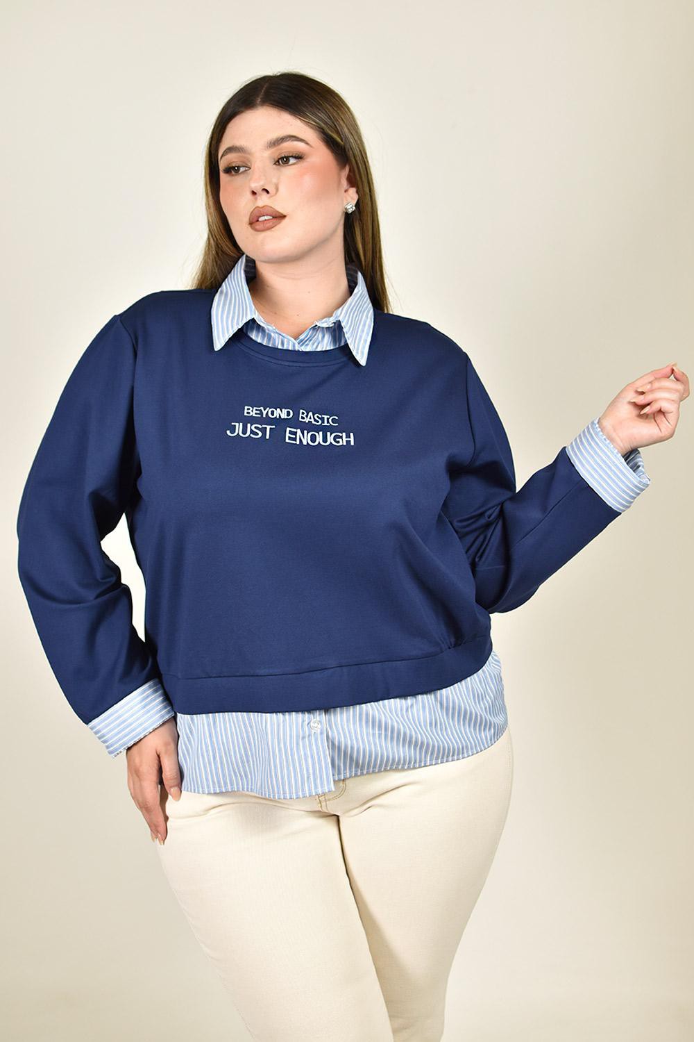 Sudadera combinada con bordado Roman Fashion /Tallas Extras, 5131 (Azul marino) image number null