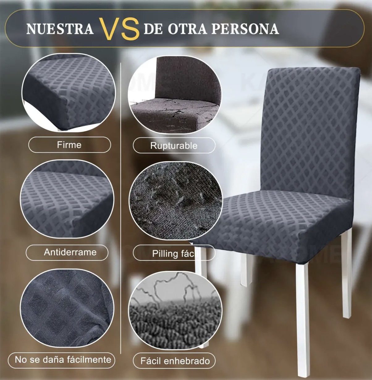 6 Fundas El&aacute;stica Silla Comedor Color S&oacute;lido Patr&oacute;n Diamante Modelo Negro image number null