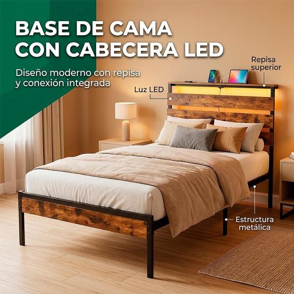 Base Cama Individual Reforzada 300kg Moderna Luz Led Usb C Negro Houzer image number null