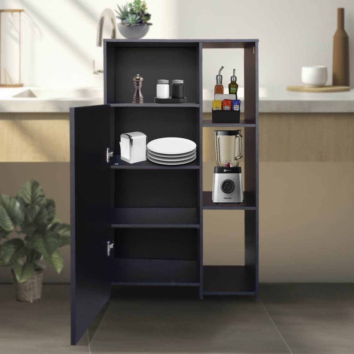 Hogare Mueble Alacena Despensero Organizador Practico Multiusos de melamina de alta resistencia, con puerta y estantes Color Negro image number null