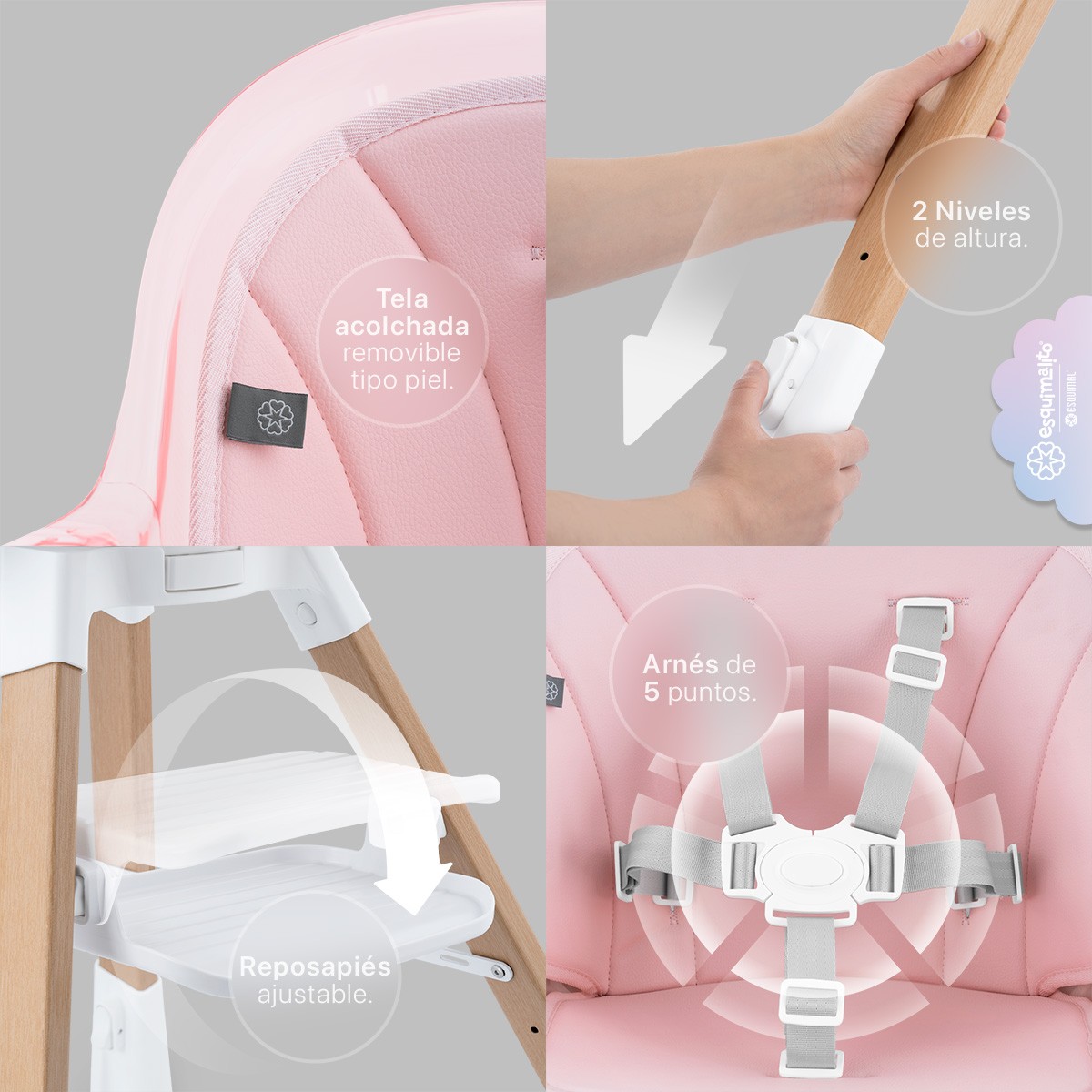 Periquera para Beb&eacute; 3 en 1, Silla Alta con Charola Desmontable, Asiento 360&deg;, Altura Ajustable, Color Rosa Esquimal image number null