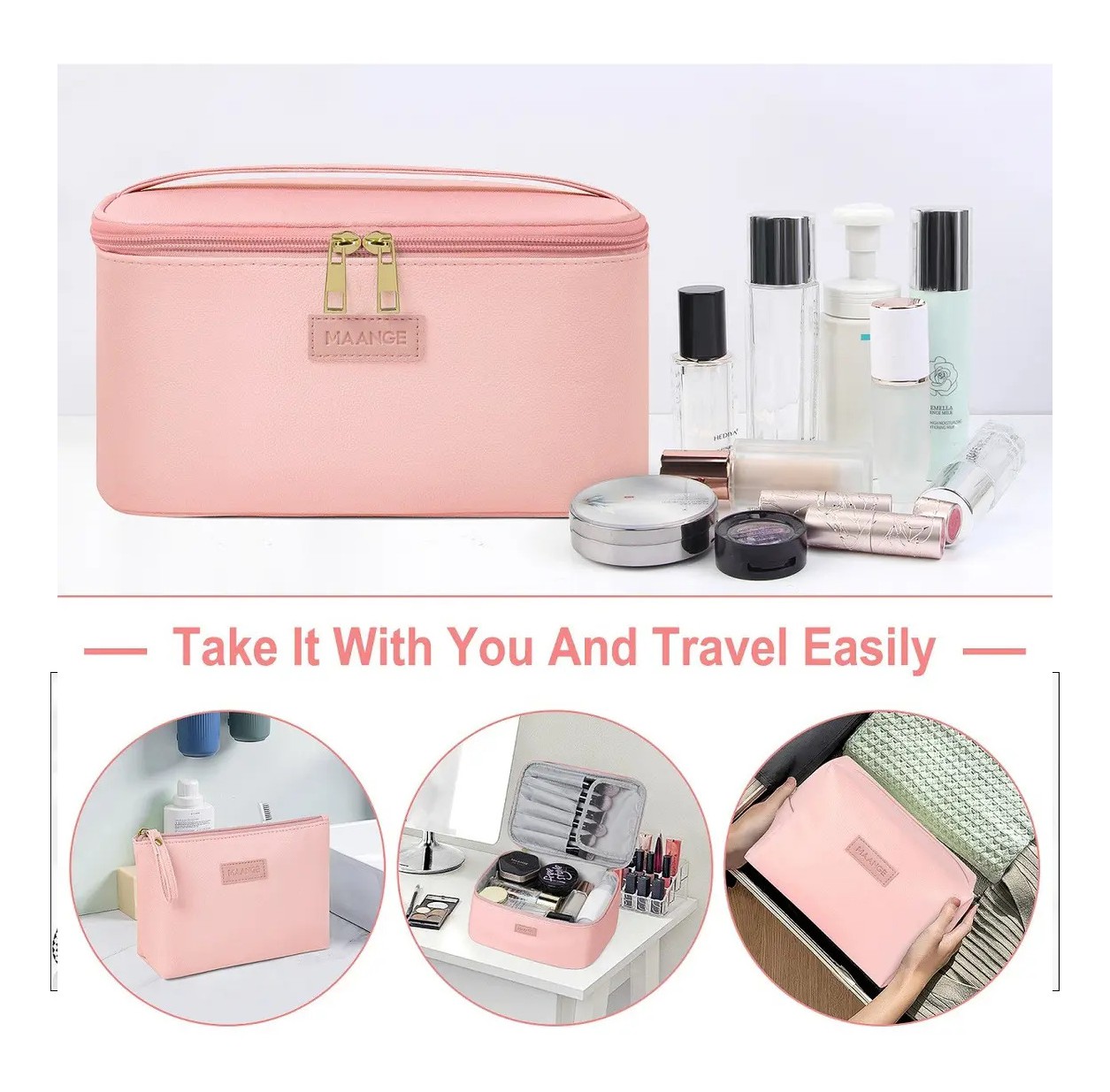 3pcs Cosmetiquera Neceser Estuches De Maquillaje Bolsa Viaje Rosa image number null