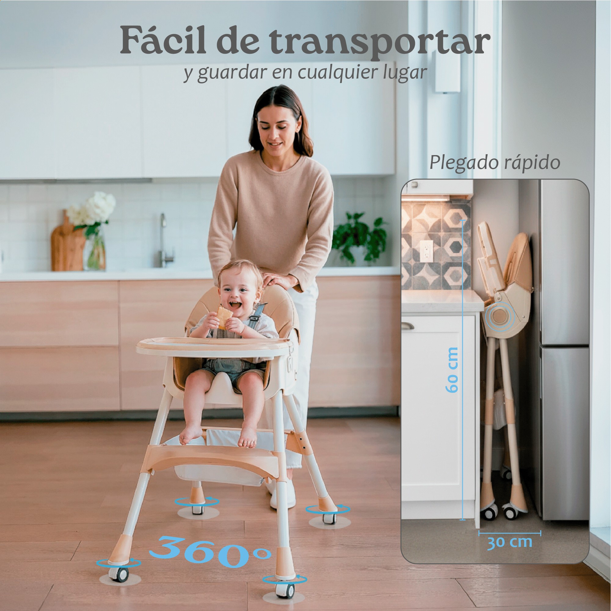 Silla Alta para Beb&eacute; YEI Caqui, 6 en 1, Plegable, 2 Alturas, 5 Puntos de Seguridad image number null