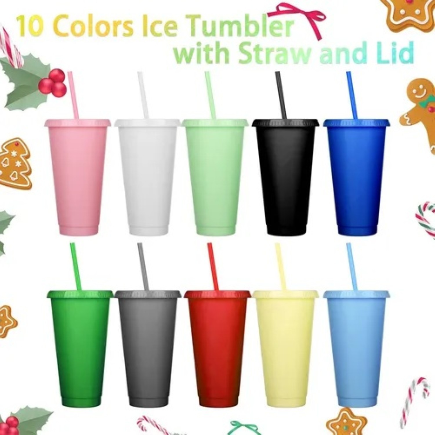 Vasos Reutilizables De 24 Oz Con Tapa Y Popote, 10 Piezas colores image number null