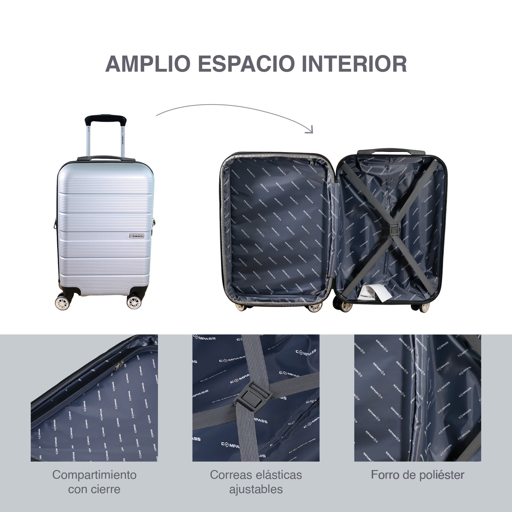 Maleta Compass Chicago 20" Carry On con Neceser Plateada, Expandible y Ruedas 360&deg; image number null