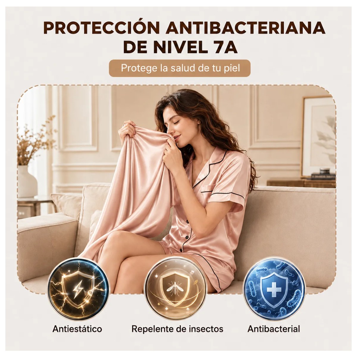 Pijama De Seda Sat&eacute;n Elegante Mujer 2 Piezas Rosa Dorado Talla M image number null