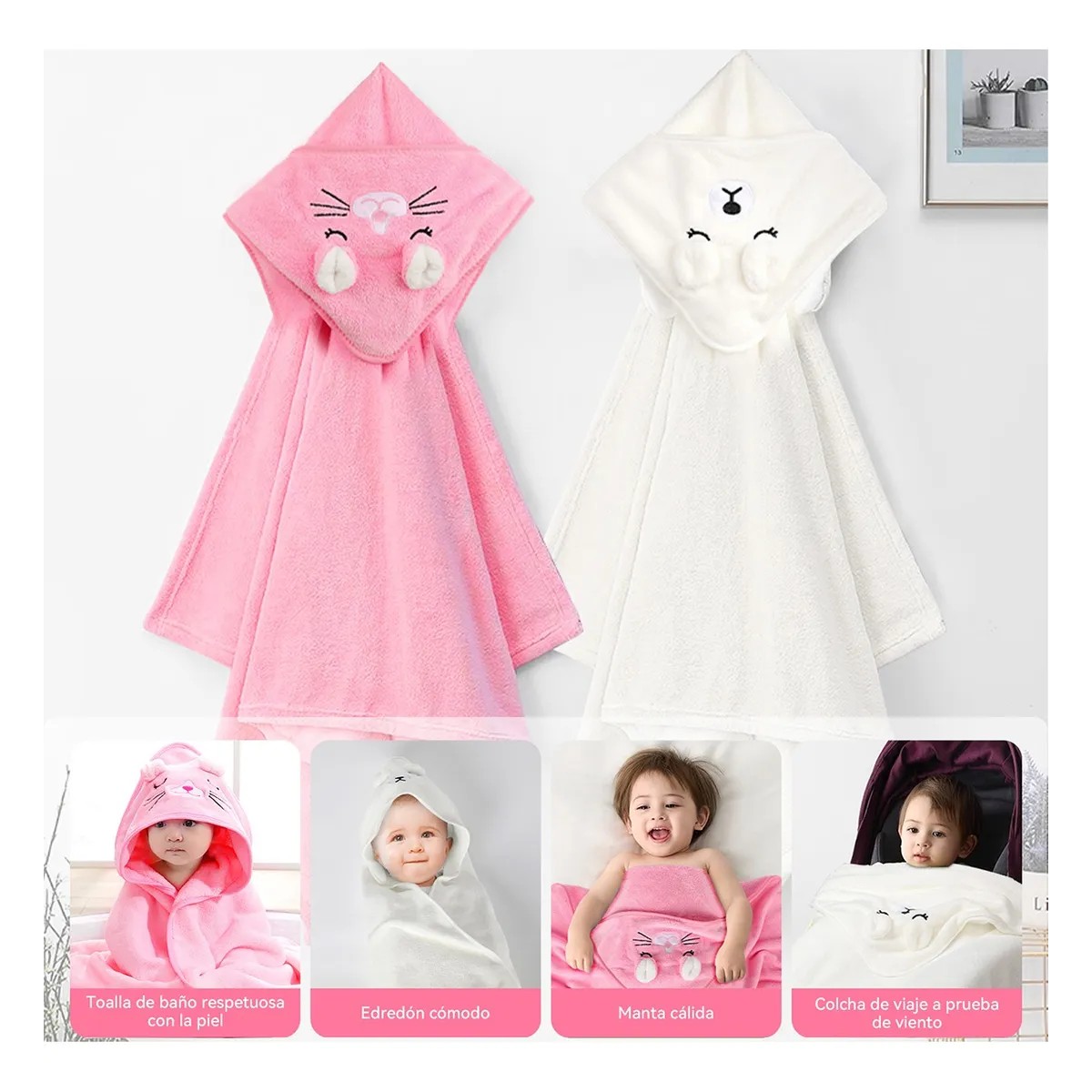 2pcs Toalla De Ba&ntilde;o Beb&eacute; Con Capucha Manta Suave(0-3a) Rosa/Blanco image number null