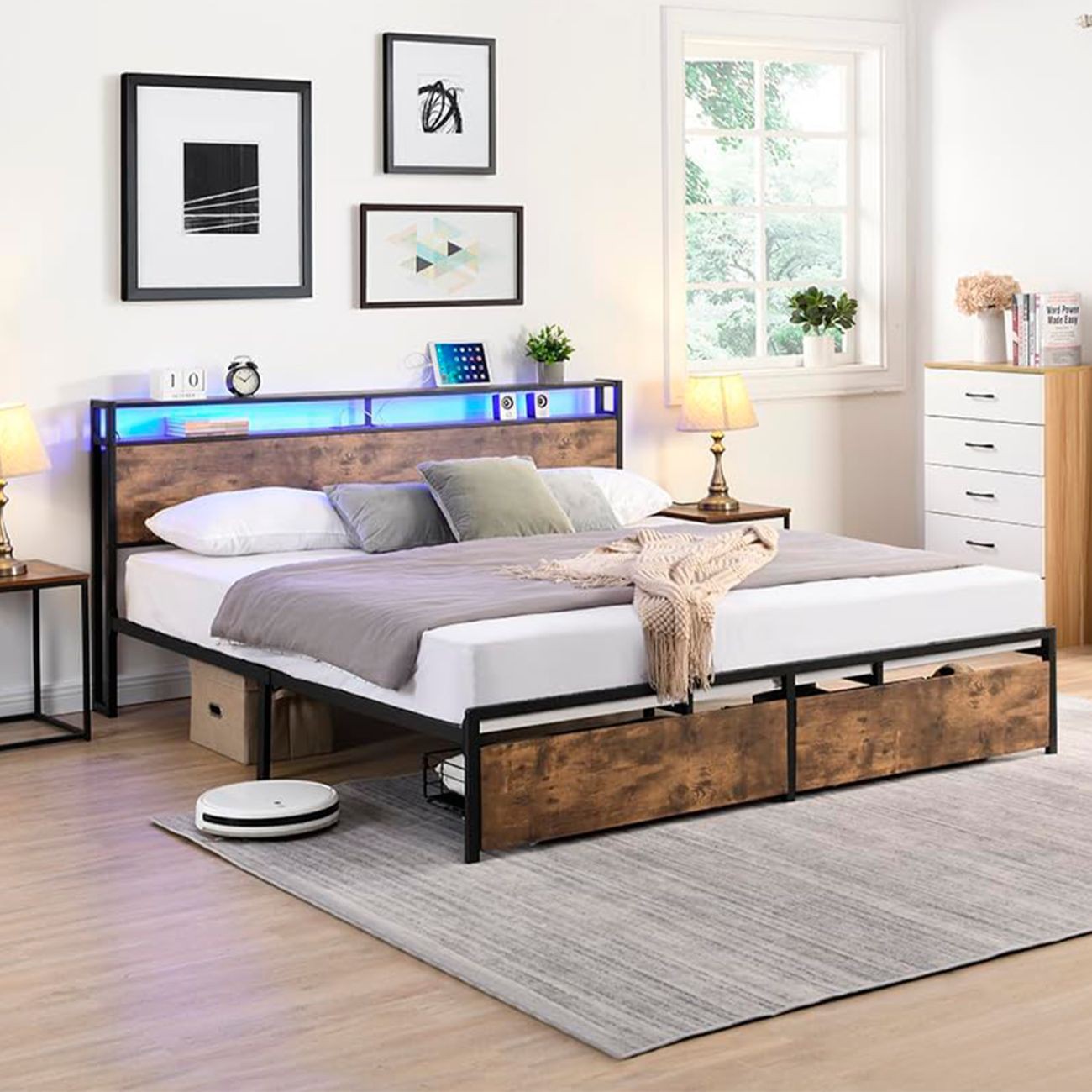 Base de Cama Queen Size con Iluminaci&oacute;n Ajustable y Cajones de Almacenamiento Caf&eacute; Bluelander image number null