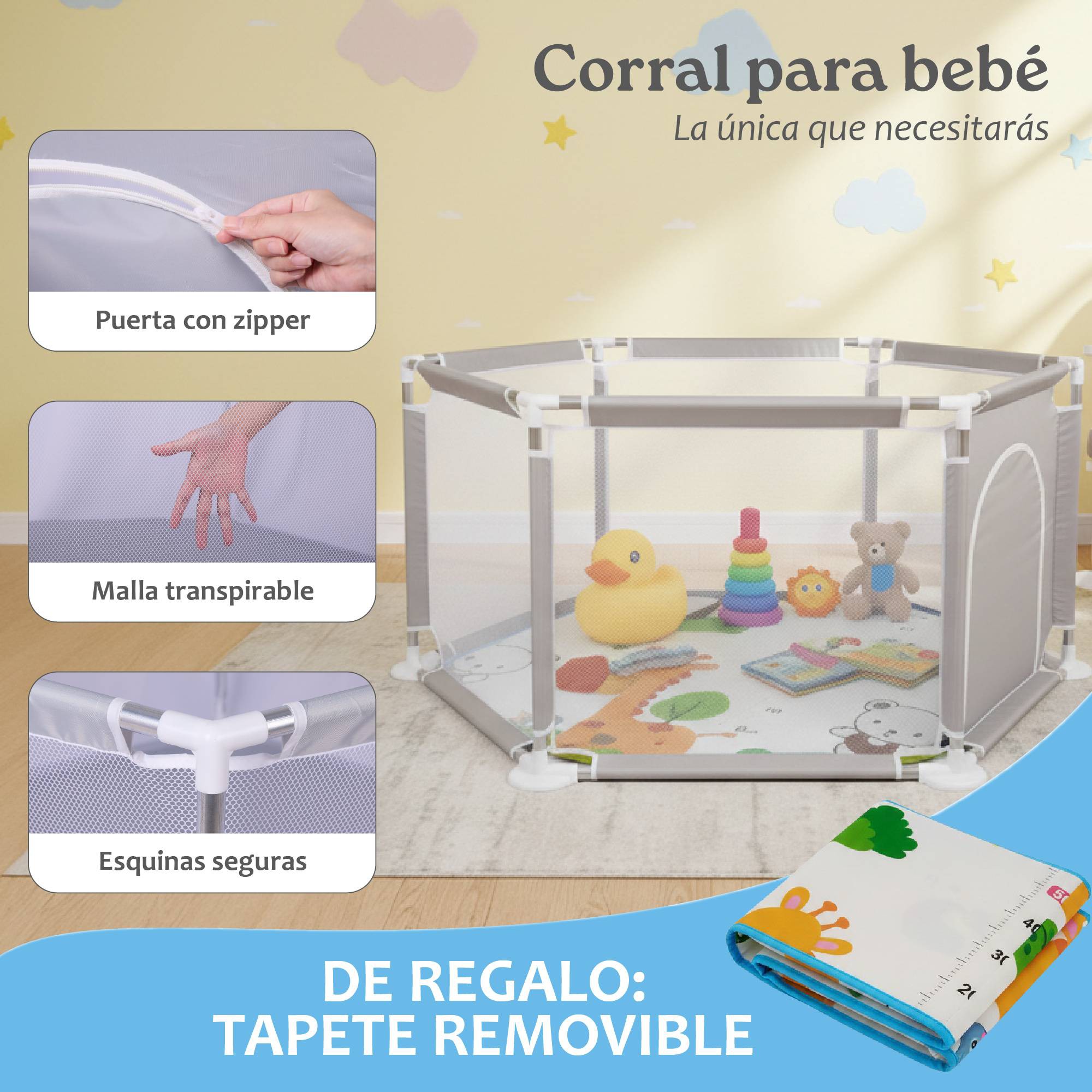 Corral para Beb&eacute; Hexagonal Yei Gris 1.25 m x 65 cm con Colchoneta, Malla Transpirable, Plegable y Malla Transpirable image number null