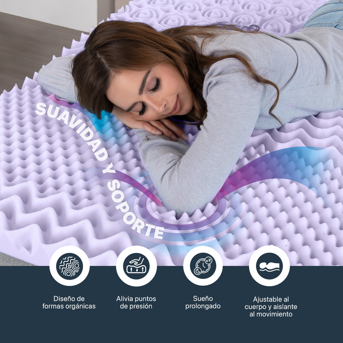 Colchoneta Individual de Memory Foam Cubre Colch&oacute;n Topper con 7 Zonas de Confort Sobrecolch&oacute;n Lavanda (5 cm). ESQUIMAL. image number null