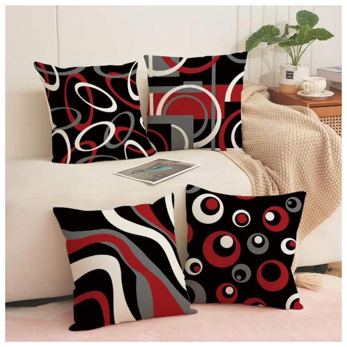 Fundas Para Cojines Lino Decoraci&oacute;n Del Sal&oacute;n 45x45cm 4 piezas Negro y rojo image number null