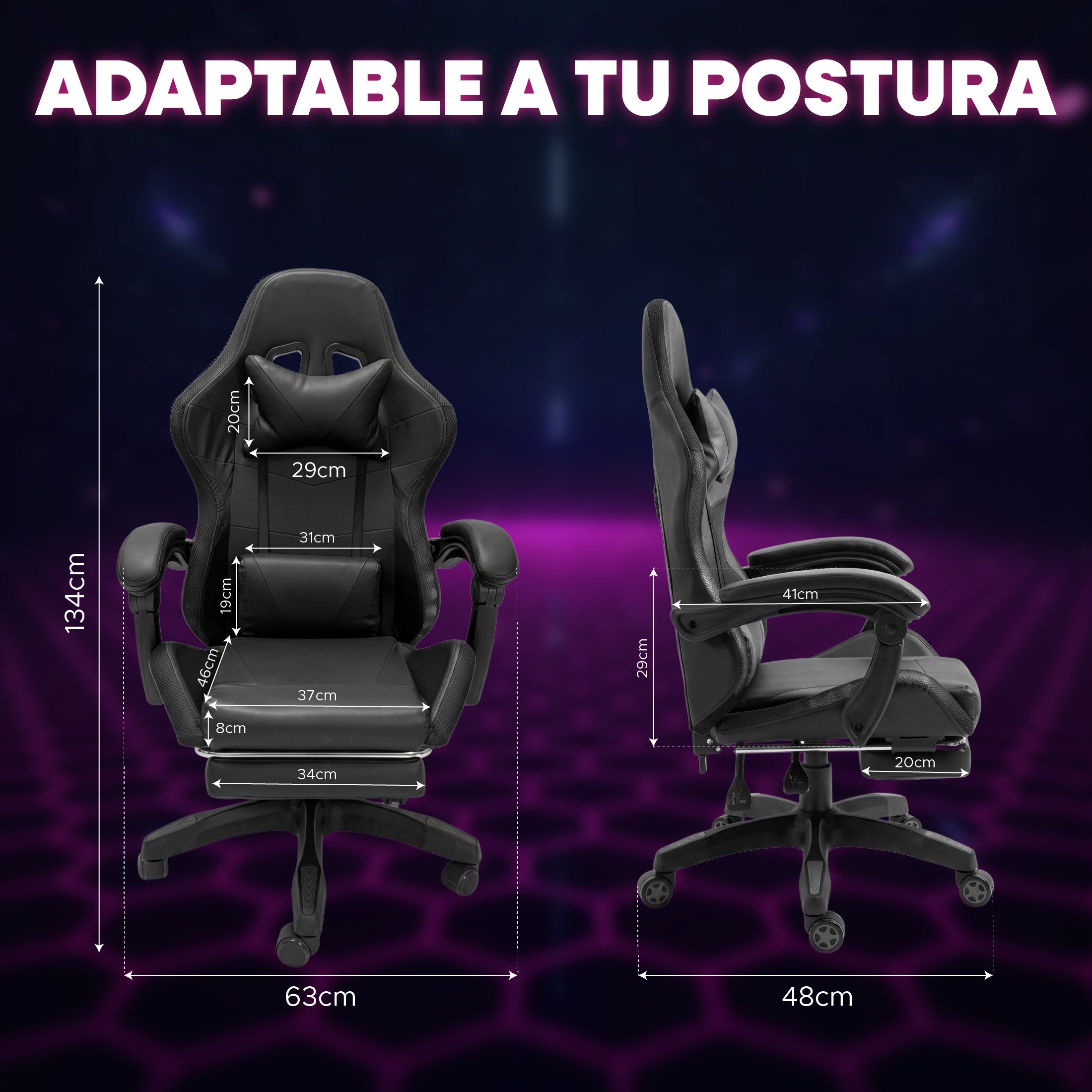 Silla Gamer Titano Negra con Reposapi&eacute;s Luz LED Reclinable 90&deg; a 150&deg; y Soporte Lumbar image number null