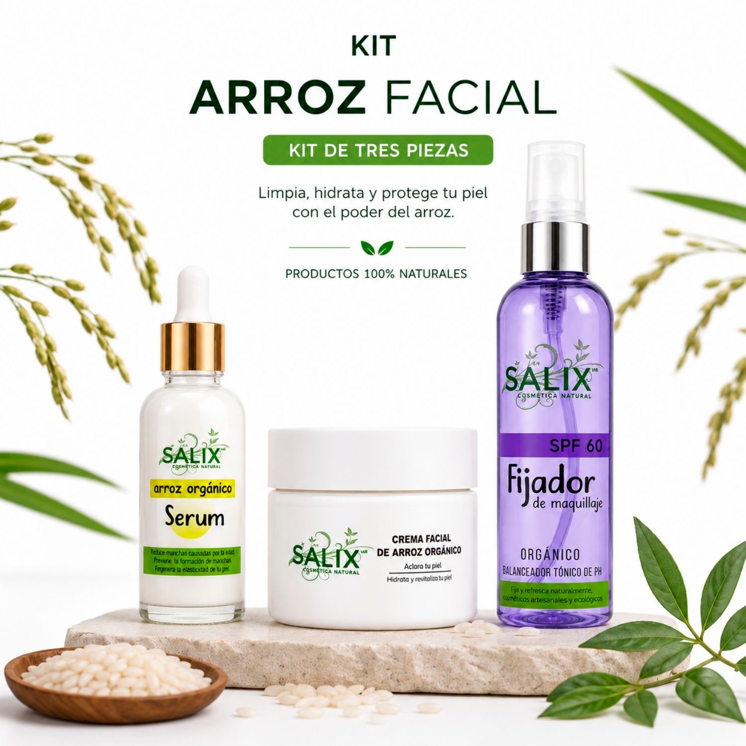 Salix Kit Arroz Facial Skincare Aclarante con Crema Serum y Fijador image number null