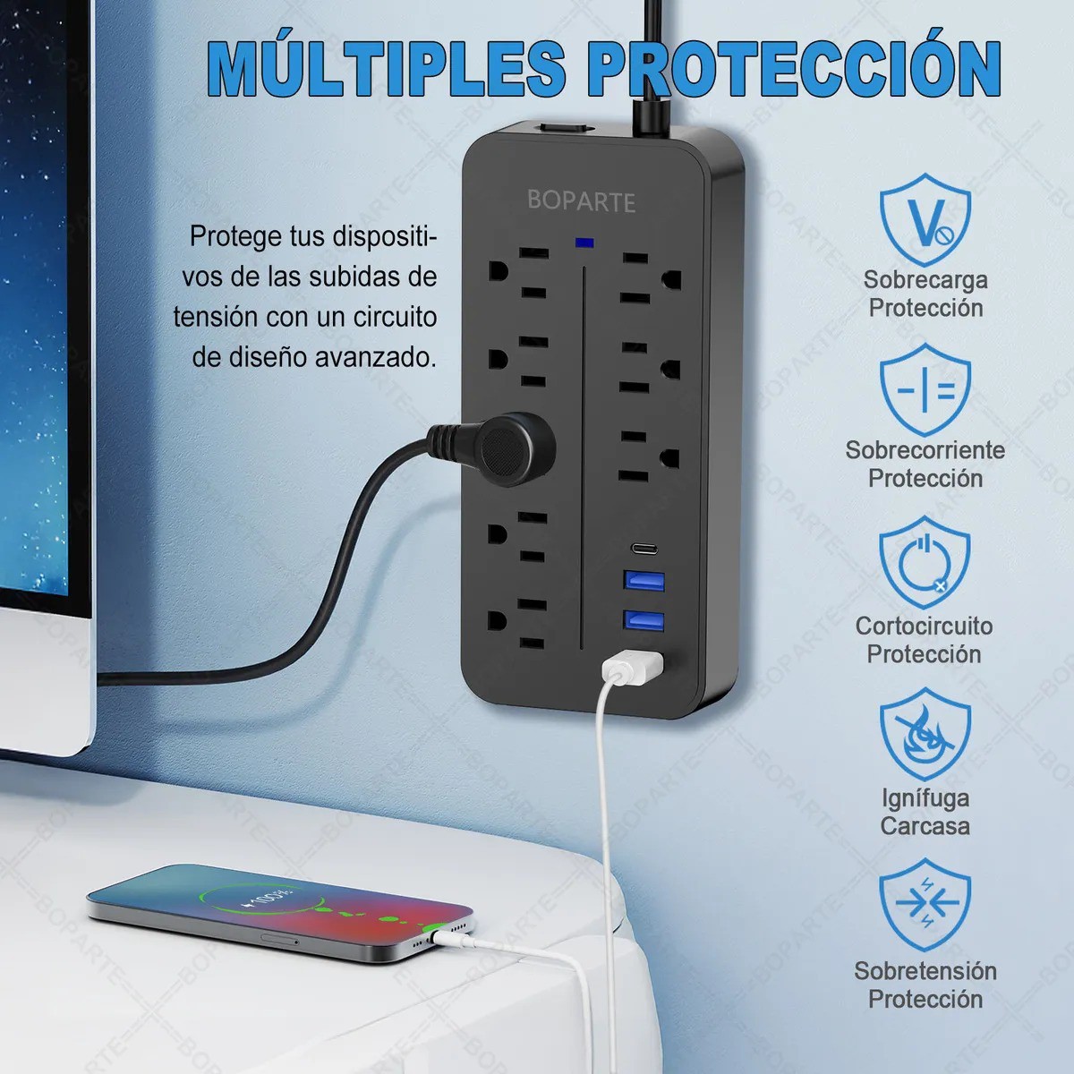 Boparte EL08 Multicontacto de 8 tomas con usb color negro largo del cable de 1.2m 10A image number null