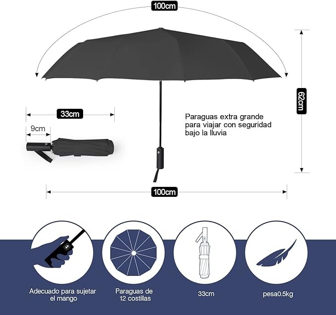 TERPORT Paraguas Plegable de la luvia y Sombrilla de protecci&oacute;n UV, Paraguas Plegable de bot&oacute;n de apertura y cierre autom&aacute;tico, Paraguas con 12 varillas, Ligero y compacto para usar de una sola mano, para hombres y mujeres. image number null
