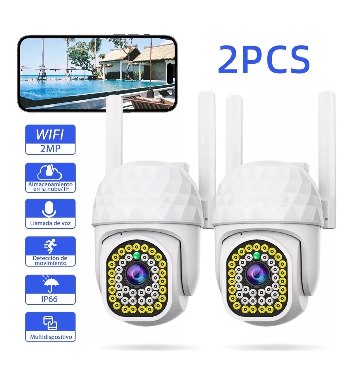 2pcs C&aacute;mara De Seguridad Hd Wifi De Visi&oacute;n Nocturna Malubero Alarma Blanco image number null